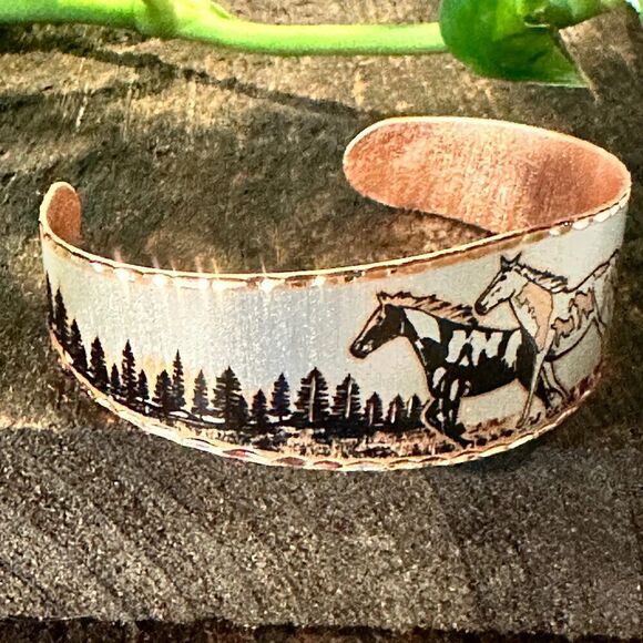 Handmade Boho Estuarian Bracelet, Wide Cuff Appaloosa Horses Bracelet, Gift Box - Picture 4 of 9